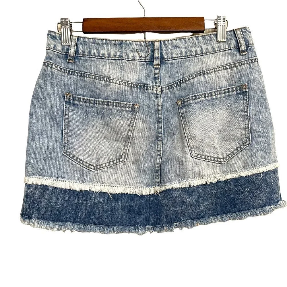 Highway Women's Colorblock Raw Hem Distressed Denim Mini Jean Shirt Size 5/6